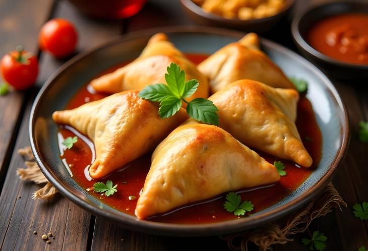 Homemade Samosas with Fresh Sauce and Tomato Slices